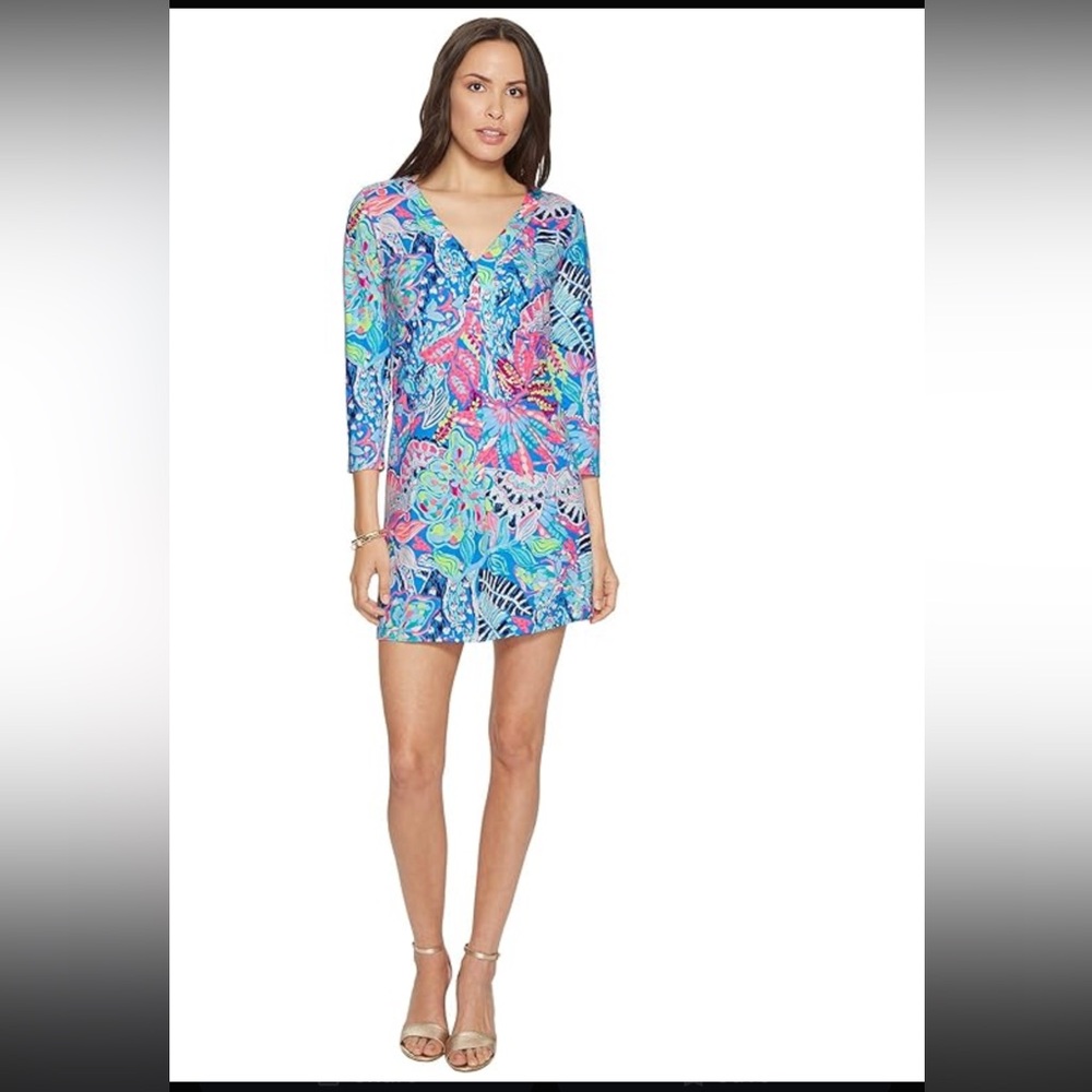 LillyPulitzer Blue Pink Green Printed V-Neck Midi Dress